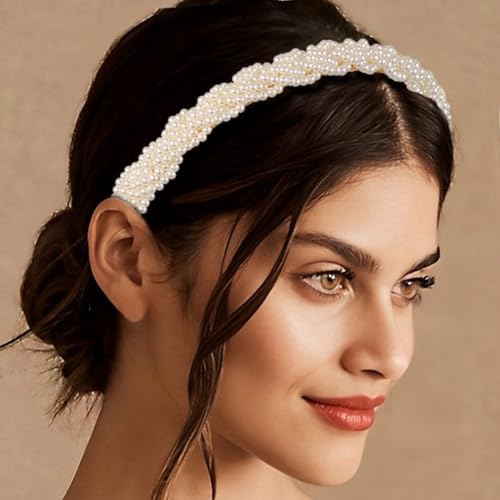 4 Pack Pearls Fashion Headbands,White Artificial Pearl Rhinestones Hairbands,Bridal Hair Hoop