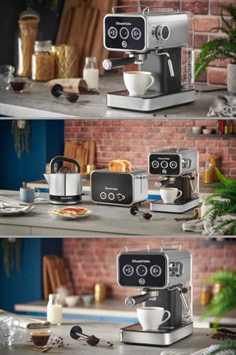 Image of Russell Hobbs Distinctions Espresso Coffee Machine | 1350W 15 Bar Pump Pressure + Milk Frother Steam Wand, Latte & Cappuccino | Detachable Water Tank, ESE pods, Cup warmer, Black, SS| 26450
