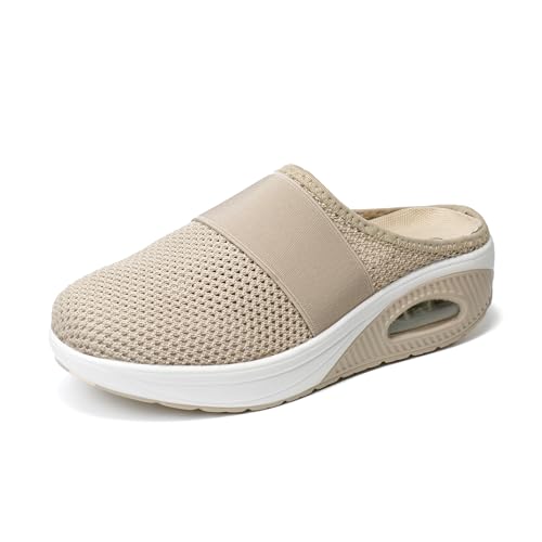 JOMIX Buty ortopedyczne damskie, buty zdrowotne, sandały letnie, miękki obcas klinkowy, buty na hallux valgus z zapięciem na rzepy, antypoślizgowe kapcie, beżowy, 42 EU
