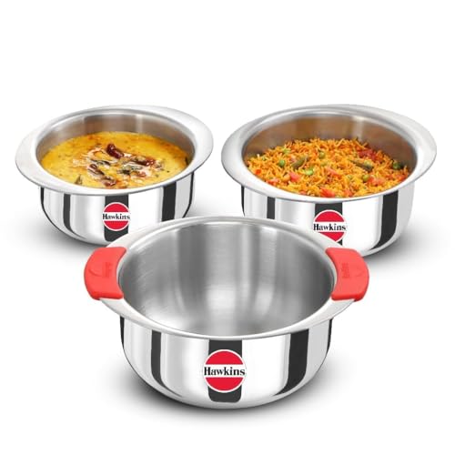 Image of Hawkins Kitchen Pack 3 Pieces Set, Triply Stainless Steel Patila, Tope, Bhagona, Tapeli (1.5 Litre, 2.5 Litre and 5 Litre)