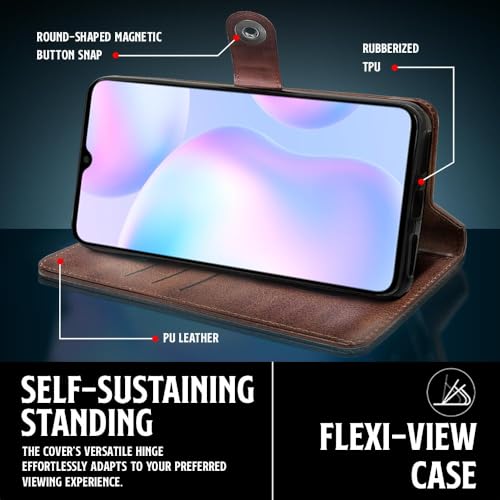 Image of WOW IMAGINE Shock Proof Flip Cover Back Case for Xiaomi Mi Redmi 9A | 9i | 9A Sport (Magnetic Button Flip Case | Wallet Pockets & Stand | Leather Finish | Coffee)