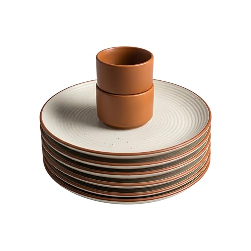 Image of miah decor Quarter Plates Set of 6, Ceramic Stoneware Plates | Cream Snack & Side Plates with Brown Rim | Ribbed Design | Microwave & Dishwasher Safe (MD-702)