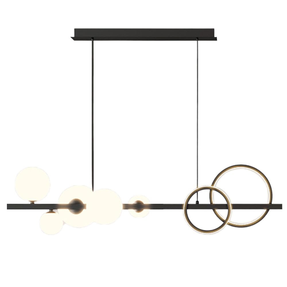 SWEMOPP Linear Pendant Light Mid Century Modern Glass Ball Linear Chandelier 5 Light Black Farmhouse Long Strip Ceiling Hanging Lamp for Dining Room Kitchen Island, Smoke Gray Clear Milk Amber Glass