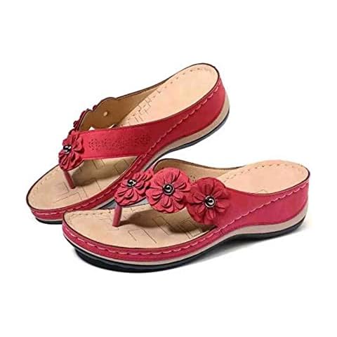 Flower Wedge Sandals,Women'S Handmade Vintage Flower Flat Wedge Sandals,Summer Beach Sandals Fashion Ladies Boho Platform Dress Shoes (43,red) Cover