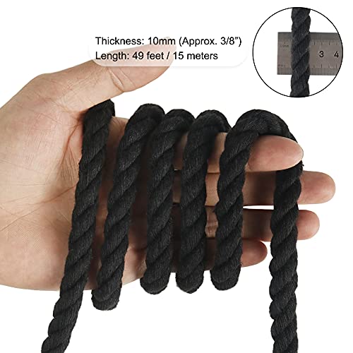 tenn well 10mm Cotton Rope, 50 Feet Thick Multifunctional Craft Rope for Macrame Knitting, Wall Hangings DIY Crafts and Decoration (Black)