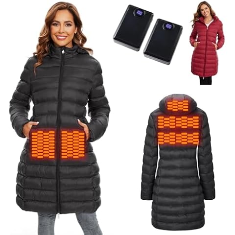 QTREE intelligence Heated Jacket for women with 2PCS 12000mAh Battery Pack,5 Heating Zones Slim Fit Jackets with Detachable Hood(S) Cover