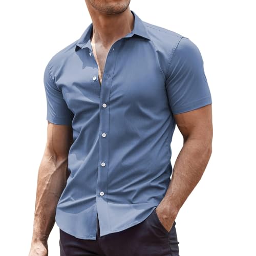 COOFANDY Camisa de manga corta para hombre, camisas de vestir de verano elásticas para negocios, informales, sin planchado, ajuste regular, camisas formales XS-4XL, azul vaquero, XL