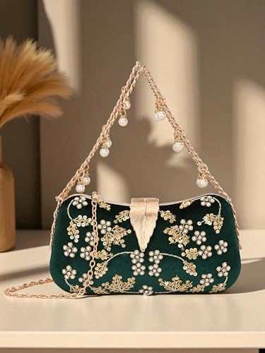 Image of TOOBA Handicraft Clutch Purse For Women with Sleek Design Embroidered Leaf Clutch| Trendy Stylish Bridal, Party, Wedding Sling Bag