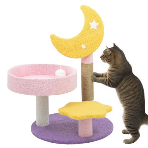 Image of Tsuki Moon-Themed Cat Tree for Indoor Cats & Kittens | 3-Tier Cat Scratching Post with Cozy Perch, Star Step, Sisal Rope & Hanging Pom-Pom Toy | Aesthetic Furniture for Indian Homes