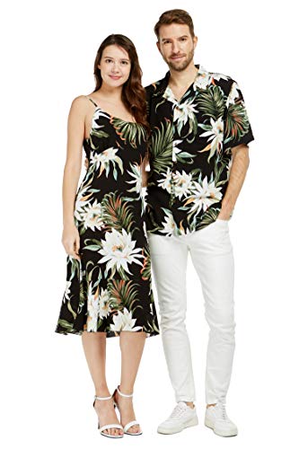 Matchable Couple Hawaiian Luau Shirt or Mermaid Ruffle Dress in Wispy Cereus Black