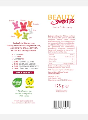 BeautySweeties Zuckerfreie Häschen 125 g | Fruchtig-süße, zuckerfreie & vegane Fruchtgummi-Häschen | Mit Coenzym Q1, Aloe Vera und Biotin | 1 x 125 g Beutel