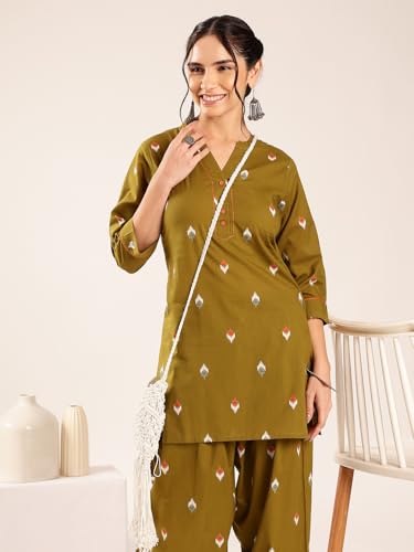 Image of Vbuyz Women's Printed & sequience work A-line Cotton Pink Kurta Pant With Dupatta