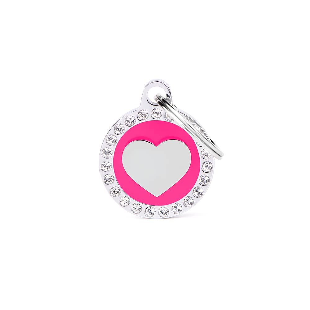 My Family Medaglietta per Cane Personalizzata, A Forma di Cuore Cerchio Strass Fucsia, Targhetta Cane con Incisione Gratis, Smaltata a Mano in Metallo, Collezione Glam