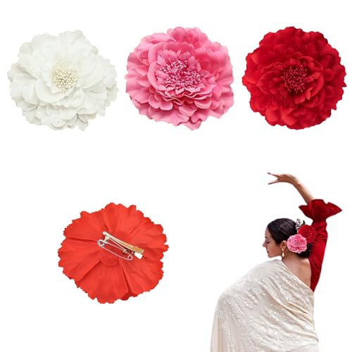 Pack 3 | Clips de Pelo de Clavel para Flamenca | Flor Flamenca Pelo | Peineta Flamenca y Accesorios para la Feria de Abril | Sevillana, Boda y Fiesta | Rosa, Rojo, Blanco