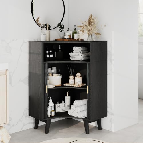 Image of Fluted Corner Cabinet with Open Storage, Modern Floor Cabinets with Sliding Doors and 2-Tier Shelves, Freestanding Narrow Organizer for Small Space,Living Room, Dining Room,Black