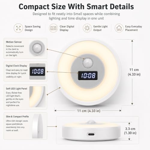VEZENI Smart LED Clock Night Light with Motion Sensor, Dimmable 3-Color Motion Activated Wall Light, Rechargeable Nightlight with Digital Clock for Hallway, Bathroom, Stair and Bedroom - Image 7
