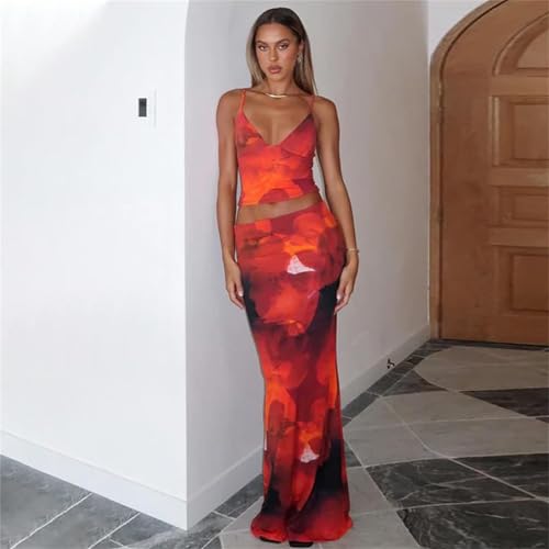 Image of ksotutm Maxi Skirt Set Floral Print Halter Top Maxi Skirt Sexy Going Out Outfits for Women