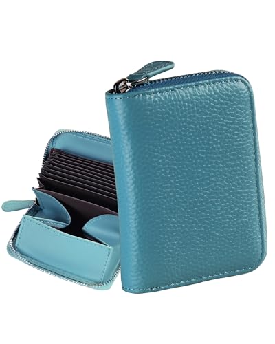 Jexmigo RFID Blocking Leather Wallet for Women Genuine Credit Card Holder 12 Card Slots Large Anti-Leak Coin Purse Compact Small Purse with YKK Zip Ladies Card Holder Wallet (Blue)