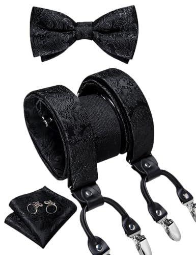 Image of DiBanGu Paisley Bow Tie and Supenders for Men Tuxedo Heavy Duty 6 Clips Suspender Adjustable Y-Shape Mens Trouser Braces