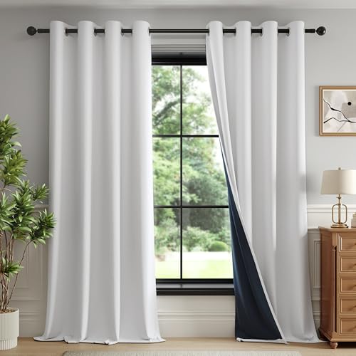 Image of FMFUNCTEX 100% White Blackout Curtains for Bedroom,White Weave Textured Curtains 90 Inches Long Thermal Insulated Curtain for Living Room, Black Out Drapery Grommet Room Darkening 2 Panels New