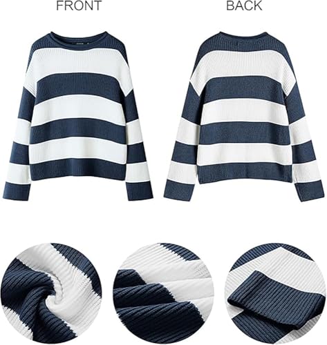 Image of Women's Striped Knitted Pullover Crew Neck Fall Winter Sweater Long Sleeve Color Block Jumper