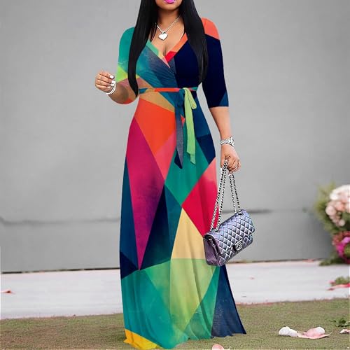 Image of PinkPatty Women's Plus Size Maxi Dresses Casual Flowy 3 /4 Sleeves Dress Printed Vacation Dress for Daily Wear with Belt