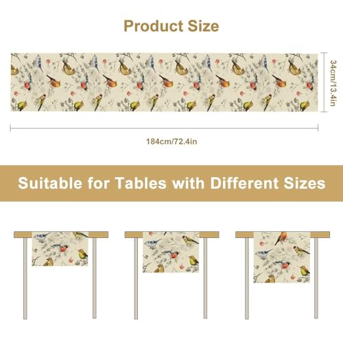 Image of Flower Birds Table Runner Nature Themed Winter Birds on Branches,Watercolor Pine Tree Tabletop Setting Decor for Party Dining Room Kitchen Decoration 13x72 Inch