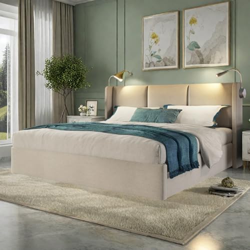 SHAODENG Cama con somier, 160 x 200 cm, con espacio de almacenamiento, cama acolchada con LED y función de carga USB, estructura de cama con somier, cama juvenil, cama hidráulica, cama funcional