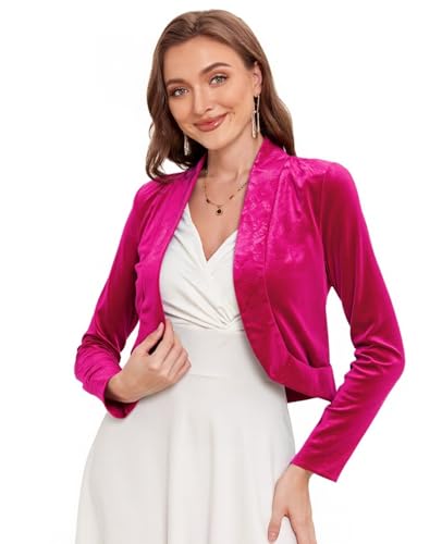 Image of Women's Long Sleeve Velvet Shrug for Dresses Cocktail Party Open Front Cropped Bolero Cardigan Top