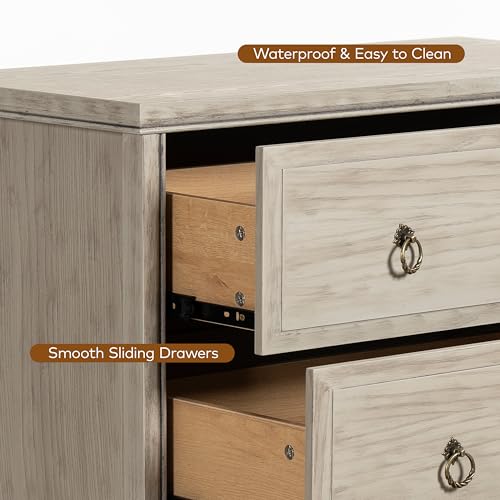 Image of Chogori Farmhouse Solid Wood Nightstand, Rustic End Table with 3 Drawers & Vintage Ring Pulls, Sturdy Accent Side Table for Bedroom, Living Room, Hallway, Gray