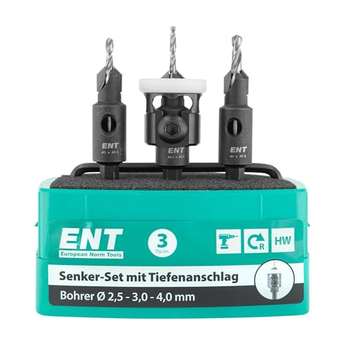 ENT 52400 Senker-Set mit Tiefenanschlag HW Bohrer (D2) 2,5-3,0-4,0 mm, Versenker (D1) 9,5 mm, GL 60 mm, S 1/4 6-kant