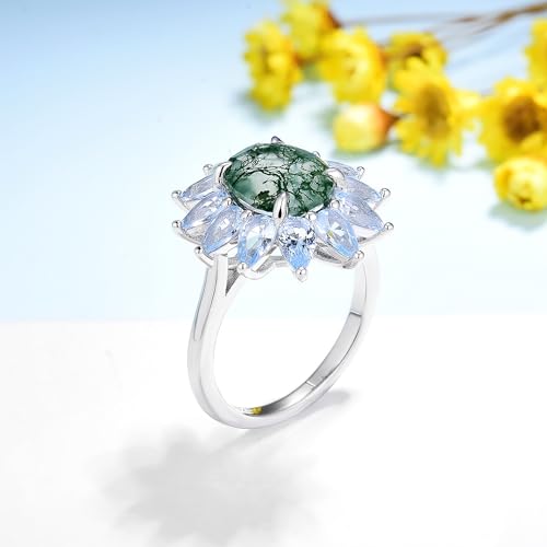 Moss Agate Ring Natural Gemstone Genuine 925 Sterling Silver with Gold plating Women’s Oval Cut Moss Agate Engagement Ring Gifts for Her ﻿2