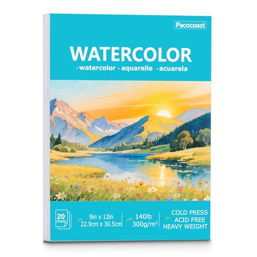 Pacocoast Watercolor Paper, 9'X12' Cold Press Water Color Paper Pad, (300gsm/140lb) Artist Sketchbook for Acrylic, Gouache & Pencil. Painting Drawing Paper Book, Art Supplies for Adults, Teal