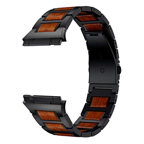 Ldfas Wood Band Compatible For Fitbit Ionic Band, Natural Wood Red Sandalwood Black Stainless Steel Accessory Metal Watch Strap Compatible For Fitbit Ionic Smartwatch (Update) #TOP1