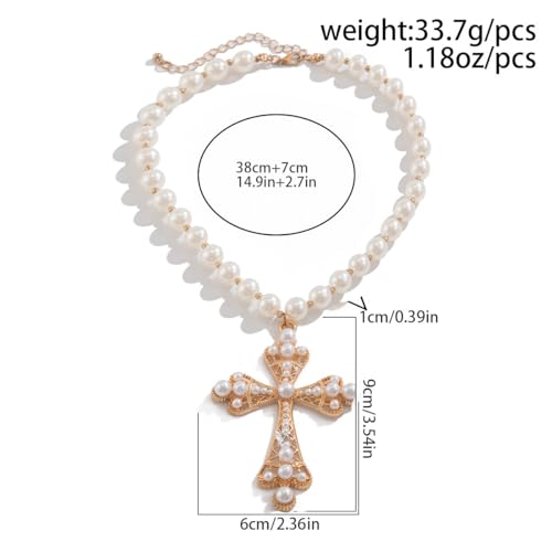 Pearl Cross Necklace for Women,Gothic Gold Chunky Long Big Cross Pendant Necklace,Pearl Beads Chain Large Crucifix Dangle Necklace for Punk Party3