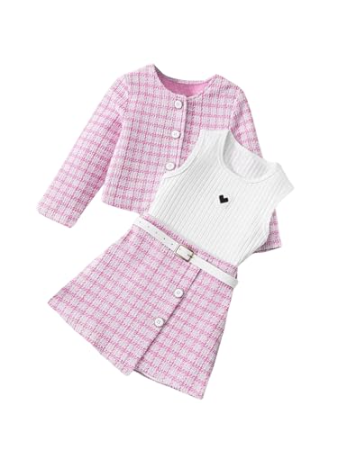 Image of Floerns Toddler Girl's 3 Piece Outfit Plaid Print Jacket with Belt Skirts Rib Knit Tank Top