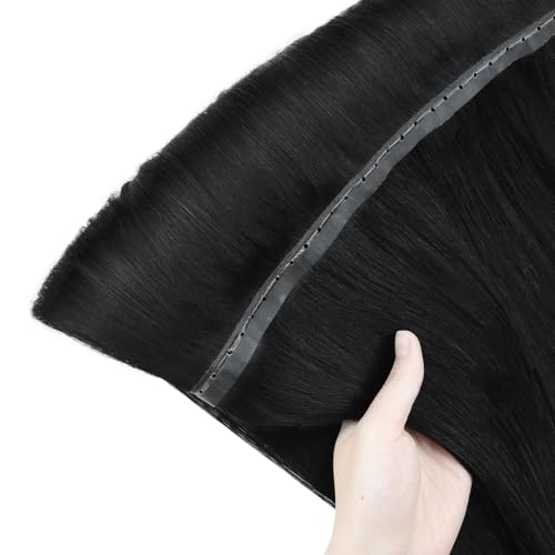 Image of Full Shine Butterfly Weft Hair Extensions Human Hair Color Jet Black Inviisble Double Pu Hole Extensions 22 Inch Long Straight Hair Genius Weft Remy Hair Add Length 100G