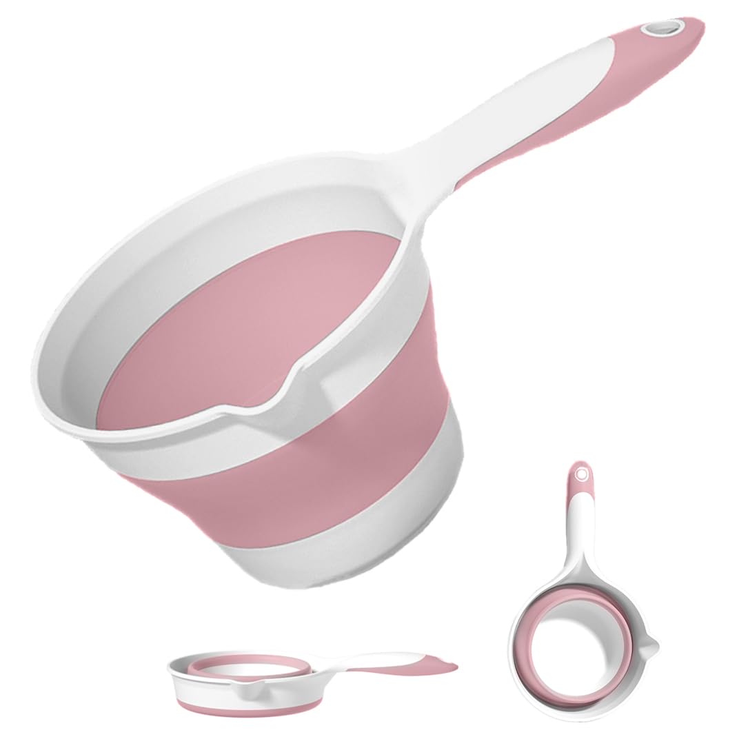 Collapsible Water Ladle Plastic Folding Dipper for Pet Bath Soaking Cleaning, Portable Water Pourer Scoop Spoon for Camping Travel, Small Shower Bucket Basin Tub Rinse Cup Mug for Hair Washing, Pink