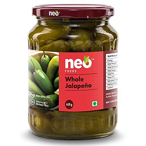 Image of Neo Whole Jalapenos 650g I 100% Plant Based & Natural I Ready to Eat Fibre Rich Topping for Snacks and Salads I Enjoy as filling for Wraps I (Pack of 1)