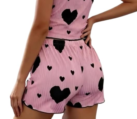 dreamish Women's Heart Print Ribbed Shorts with Frill Hem, White-picture-50