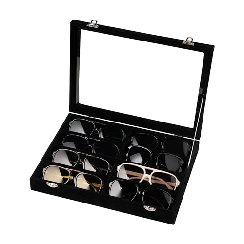 Frebeauty Sunglass Organizer Velvet Glasses Organizer 8-Slot Sunglasses Tray with Clear Lid Mens/Womens Sunglasses Box Sunglass Case 13.3 x 9.6 x 2.2 Inches Eyeglass/Eyewear Display Tray(Balck)
