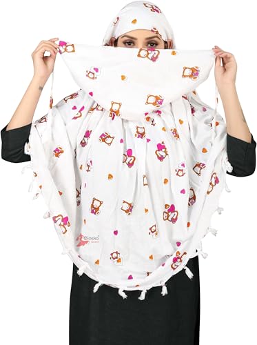 Image of Cotton Long Scarf Cum Mask Scarves Usable for Vehicle Driver | White Printed Design Fabric | Universal Size | Soft & Breathable Sun Protection | For Girl & Women
