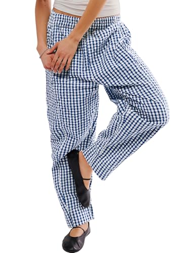 Image of PEHMEA Cotton Gingham Boxer Pants for Women Casual Plaid Harem Trousers Y2K Beach Lounge Bottoms with Pockets