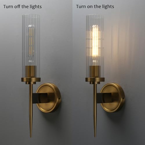 Image of PERMO Vintage Antique Sconces Brass Gold Single Wall Sconce Light Fixture with 2.8 inch Cylindrical Clear Glass Shade for Living Room Home Office Entryway