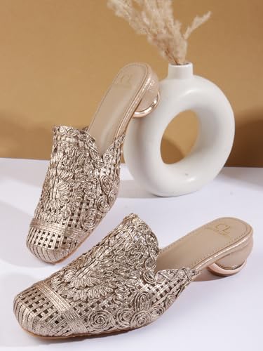 Image of Carlton London Women's Metallic Woven Slip-On Intricate Pattern Low Heel Sandal