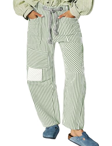 CHARTOU Women's Striped Barrel Jeans Baggy Mid Waist Drawstring Jeans Denim Patchwork Cropped Wide Leg Pants