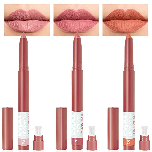 Evpct 3Pcs Nude Beige Orange Brown Matte Lipstick And Lip Crayon Stick Liner Pencil Set Sharpener Waterproof Long Lasting 24 Hours Lipstick Lip Liner Crayon Labiales Mate 24 Horas Originales 16&17&18 #TOP28