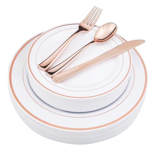 WDF-125PCS Rose Gold Plastic Silverware&Disposable Plastic Plates - Disposable Plates include 25 Dinner Plate,25 Salad Plate,25 Forks, 25 Knives, 25 Spoons for Wedding Party Birthday