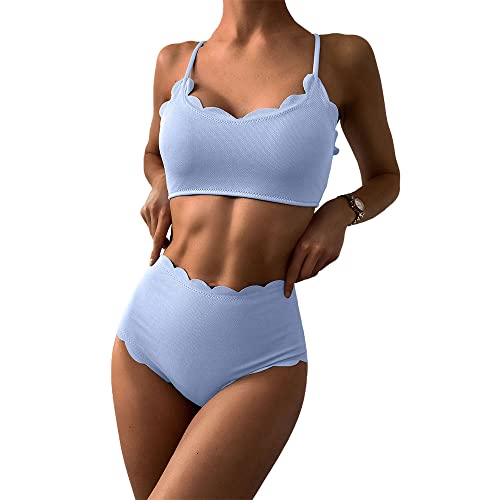 ZAFUL Women s Scalloped Textured Swimwear High Waisted Wide Strap Adjustable Back Lace-up Bikini Set Swimsuit (S, Light Blue-Spaghetti Straps)
