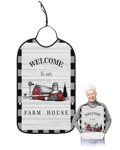 Jolunifun Farmhouse Barn Adult Bib for Adults Men, Women, Washable & Adjustable Terry Cloth Bib with Crumb Catcher Reusable Waterproof Clothing Clothes Protector Apron Rustic Rooster Wood Grain